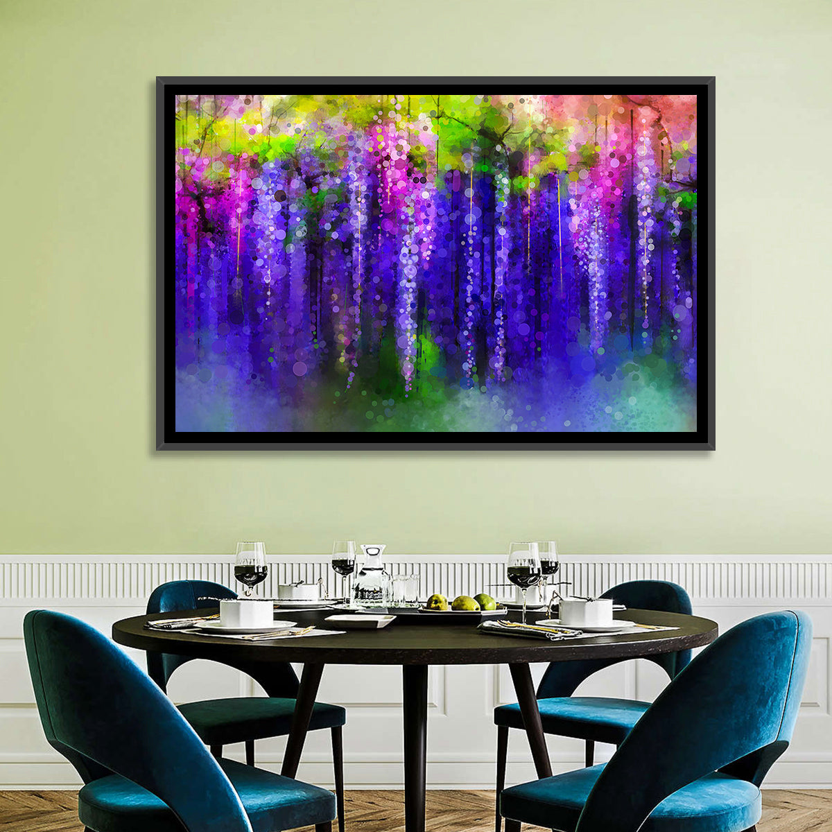 Dreamy Wisteria Vines Wall Art in a room, landscape