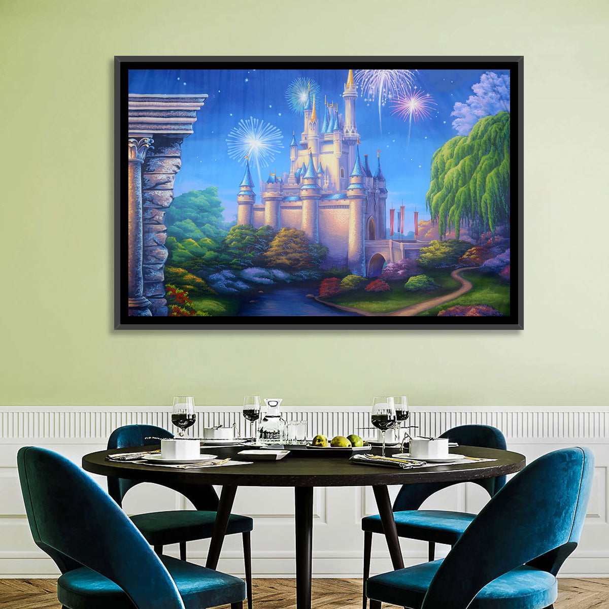 Cinderella Castle Fireworks Illustration Wall Art in a room, landscape