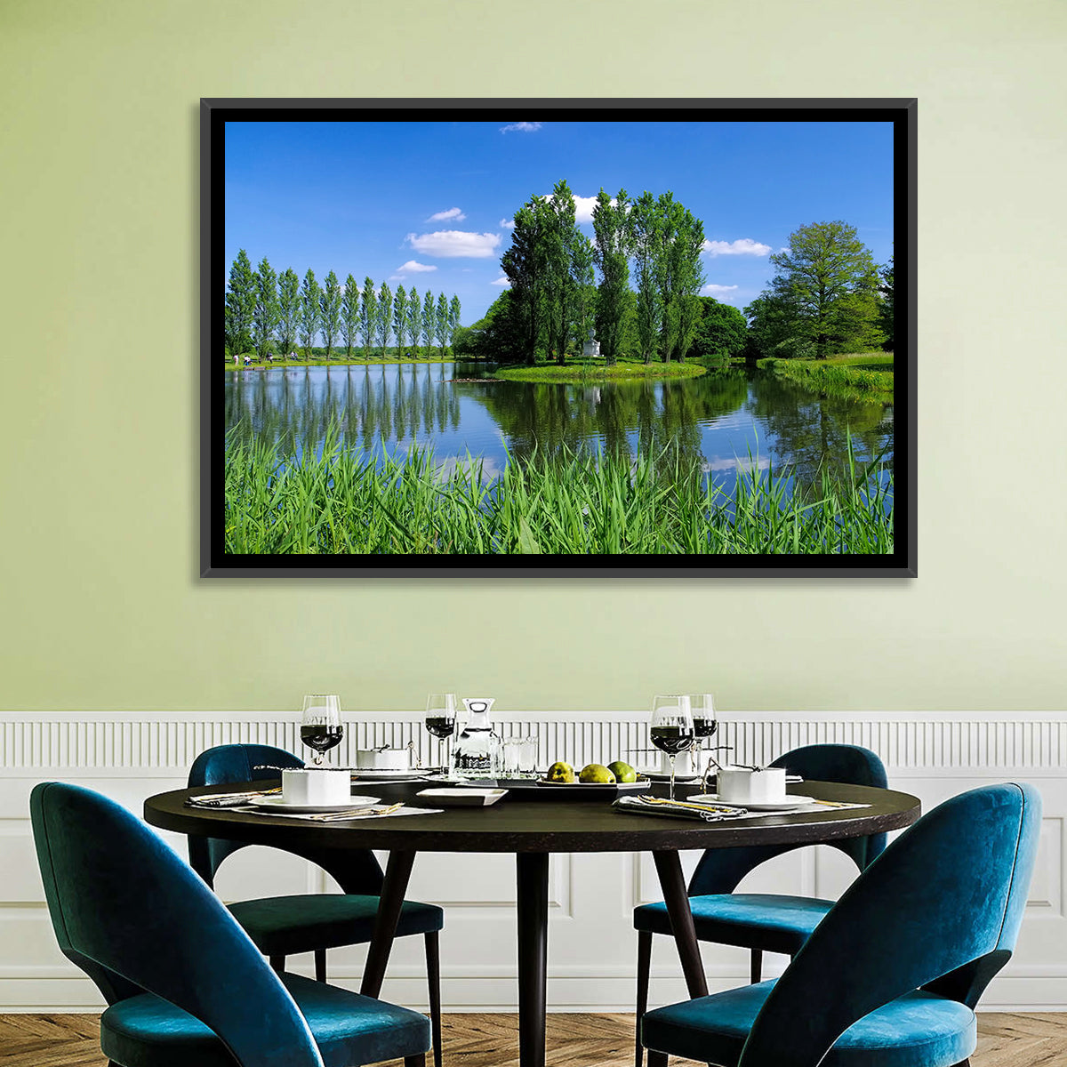 Woerlitz Rousseau Island Reflection Wall Art in a room, landscape