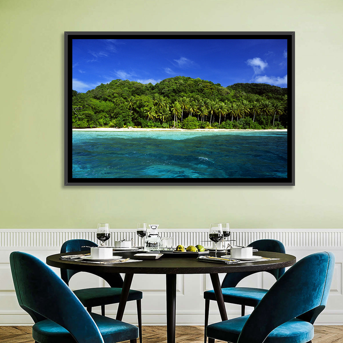 Turquoise Tropical Island Scene Wall Art in a room, landscape