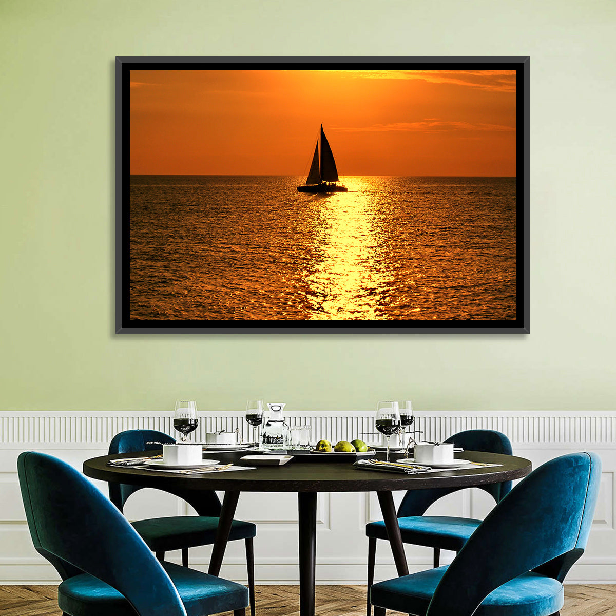 Sailboat Silhouette at Golden Sunset Wall Art