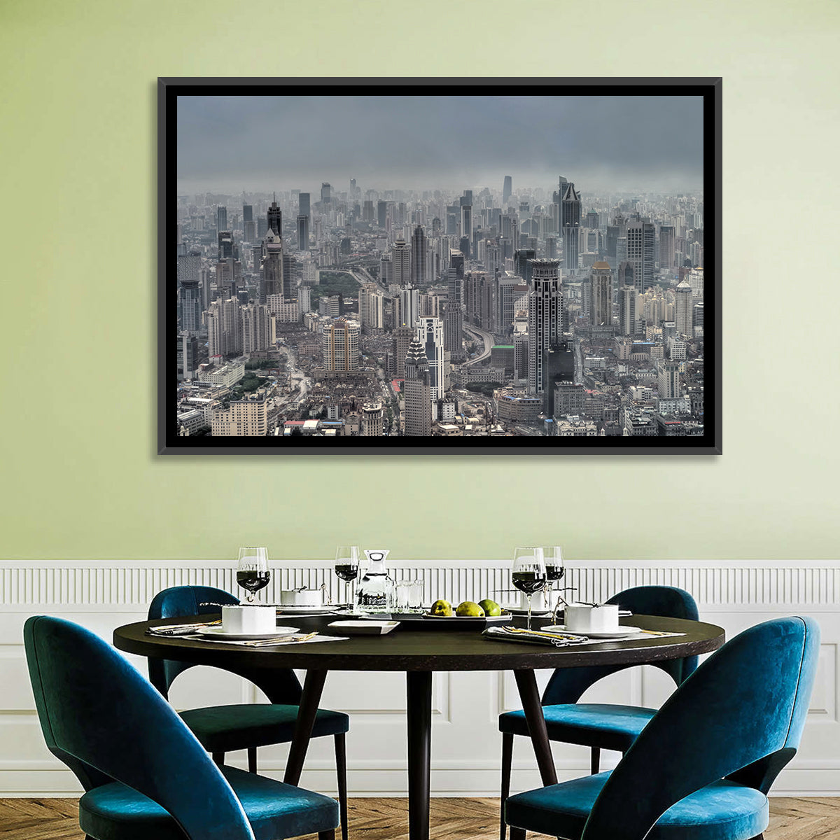 Shanghai Layered Skyline Wall Art in a room, landscape