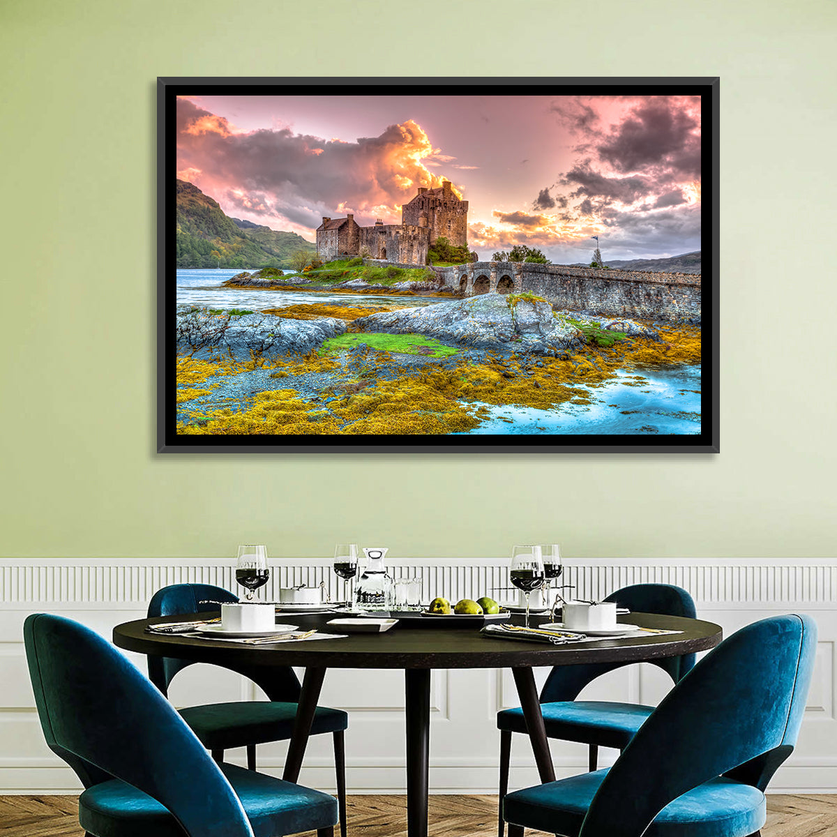 Eilean Donan Castle at Sunset Wall Art in a room, landscape