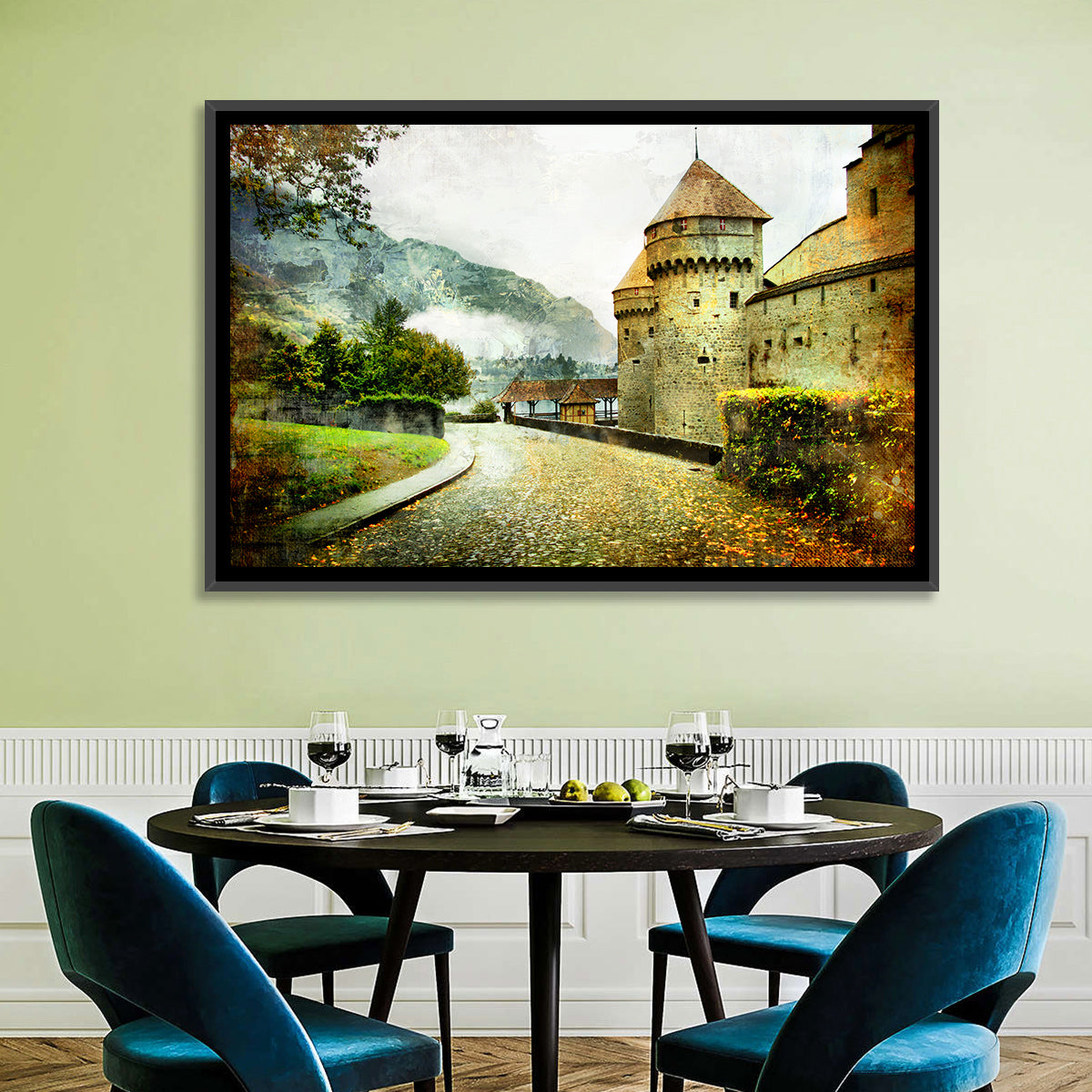 Autumn Approach to Chillon Castle Wall Art in a room, landscape