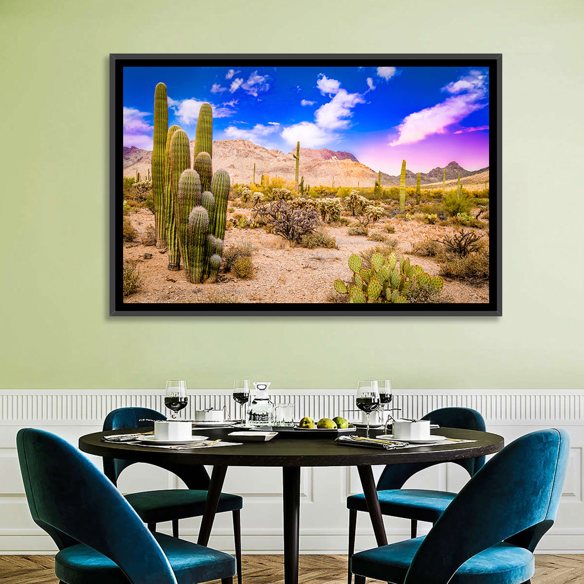 Arizona Saguaro Sunset Wall Art in a room, landscape