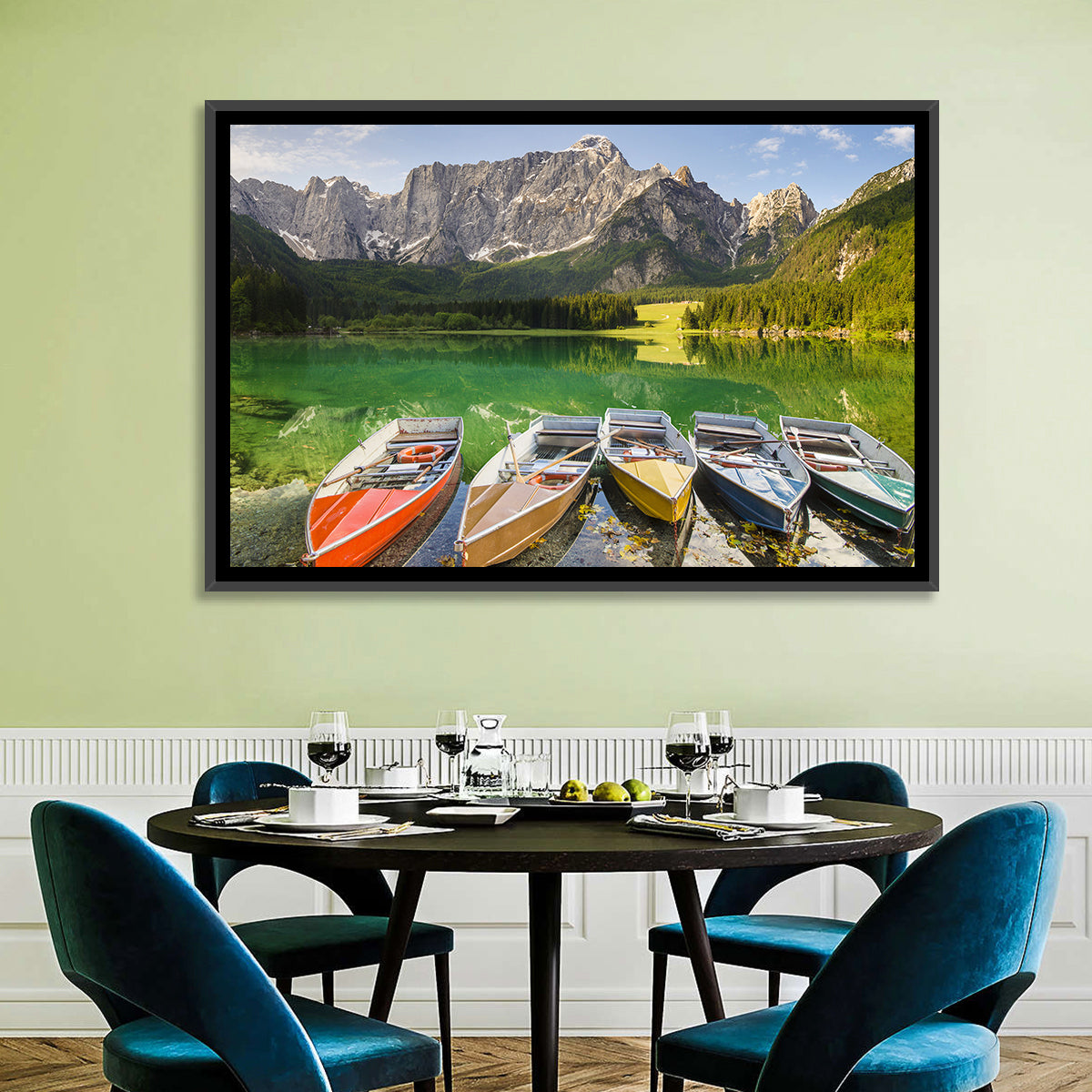 Five Boats at Lago Superiore Di Fusine Wall Art in a room, landscape