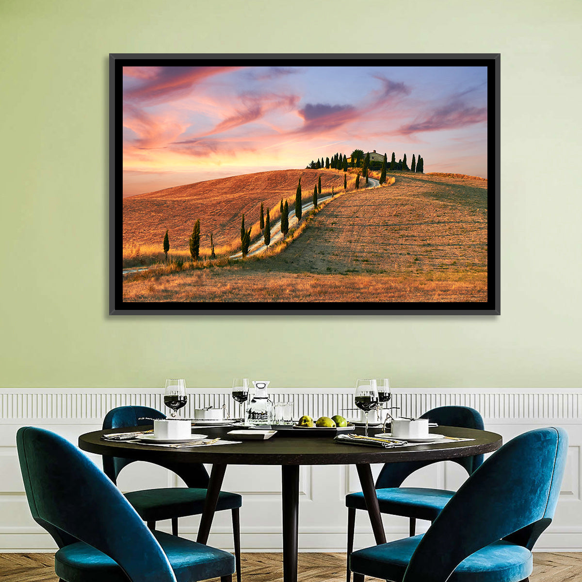 Tuscan Hilltop Road at Dusk Wall Art in a room, landscape