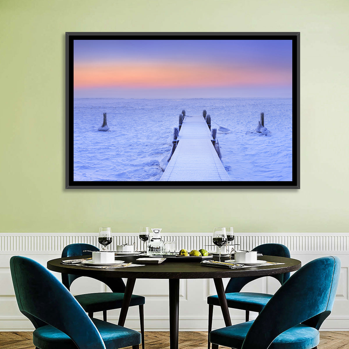 Frosted Jetty at Sunrise Wall Art in a room, landscape