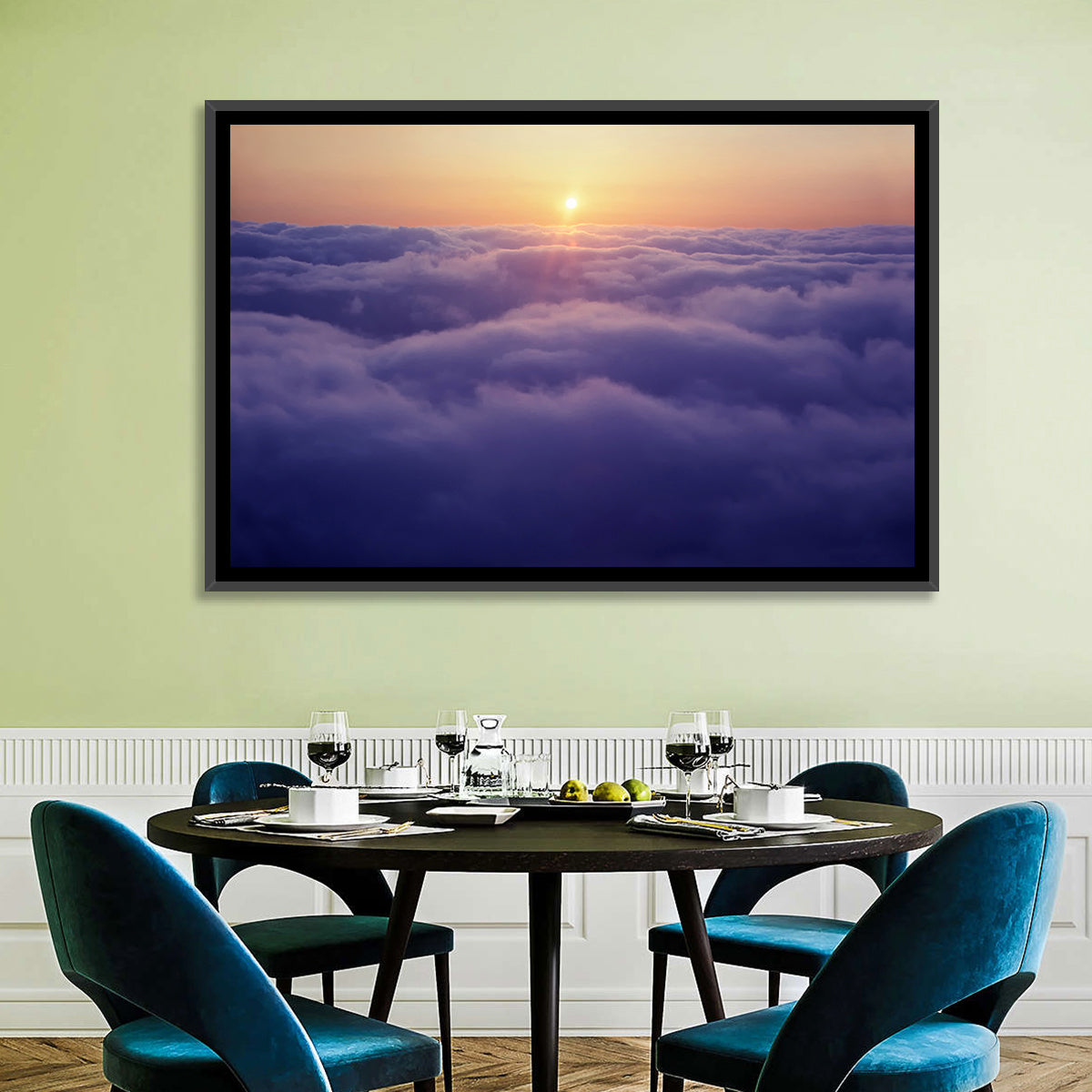 Sunset Over Endless Clouds Wall Art in a room, landscape