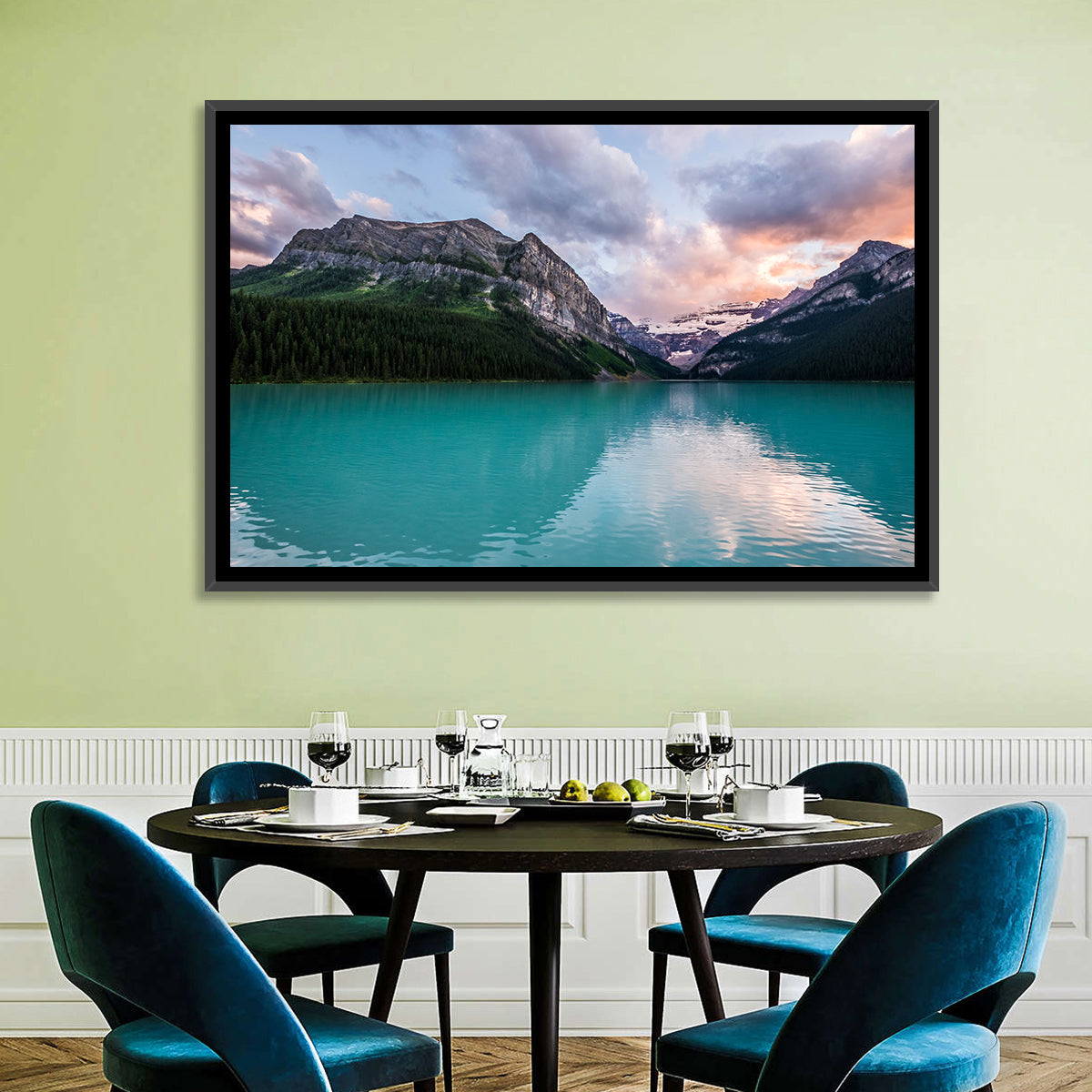 Turquoise Sunset at Lake Louise Wall Art in a room, landscape