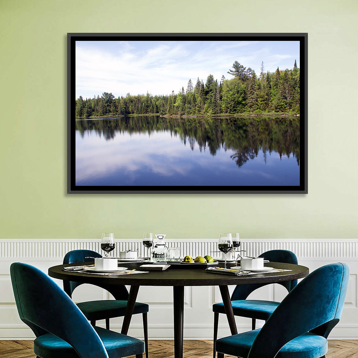 Peck Lake Shoreline Reflection Wall Art in a room, landscape