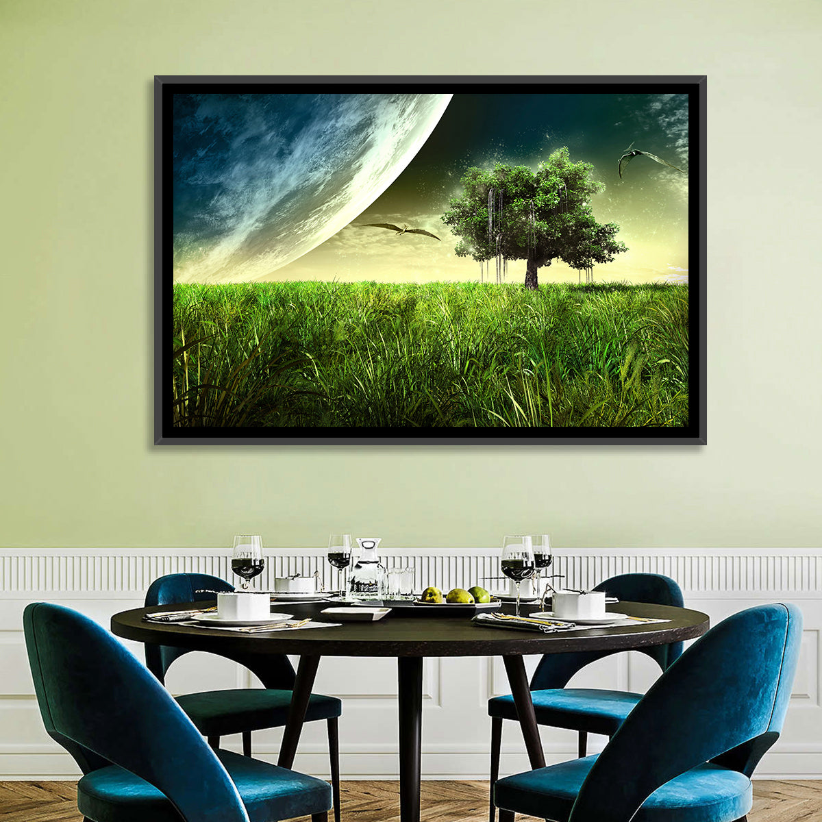 Alien Meadow Under a Giant Planet Wall Art in a room, landscape