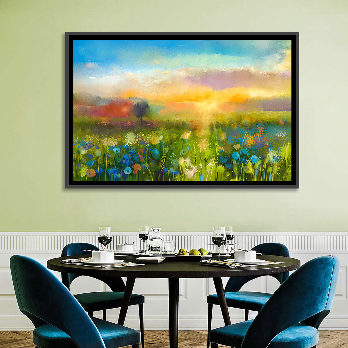 Sunset Wildflower Meadow Wall Art in a room, landscape
