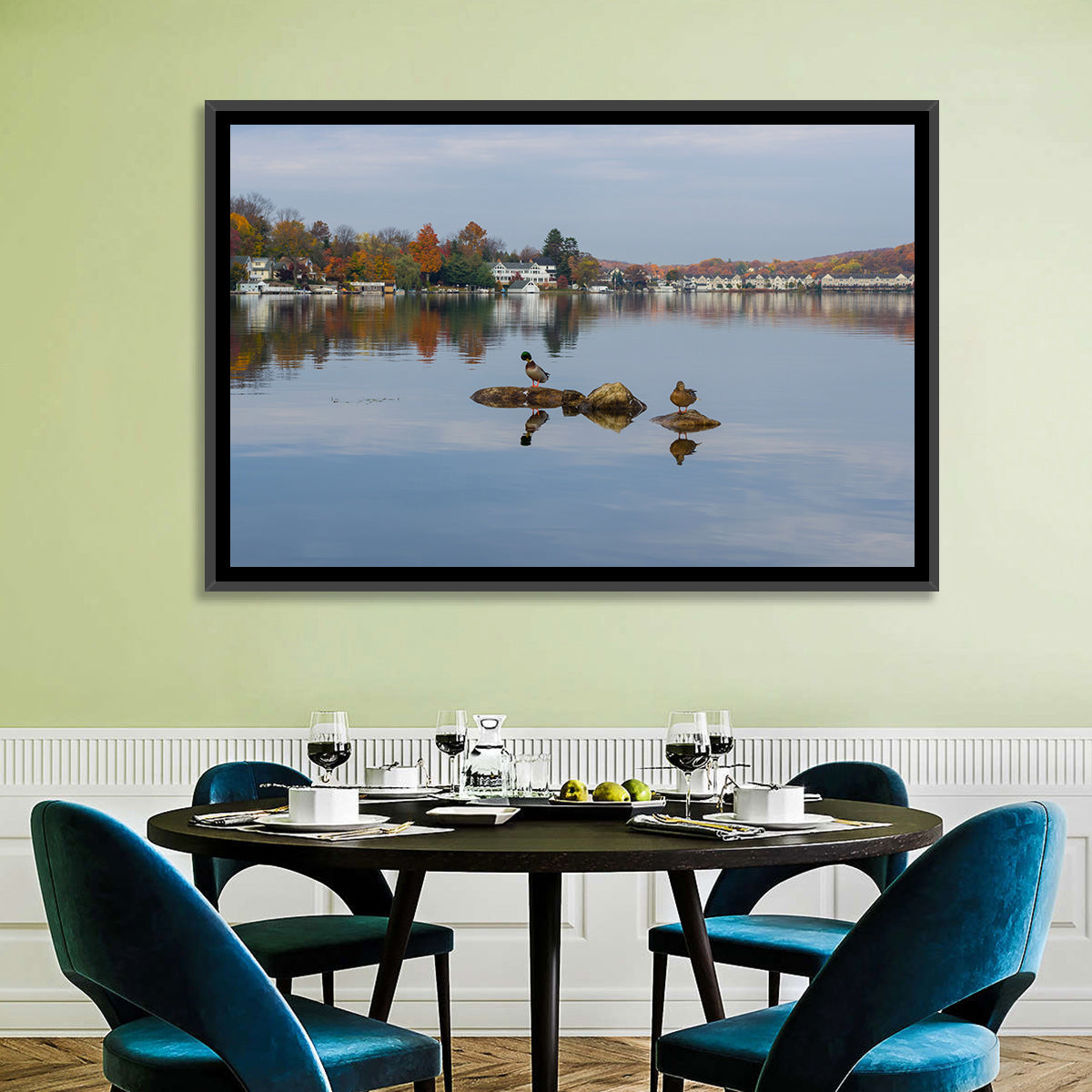 Lake Hopatcong Autumn Reflection Wall Art in a room, landscape