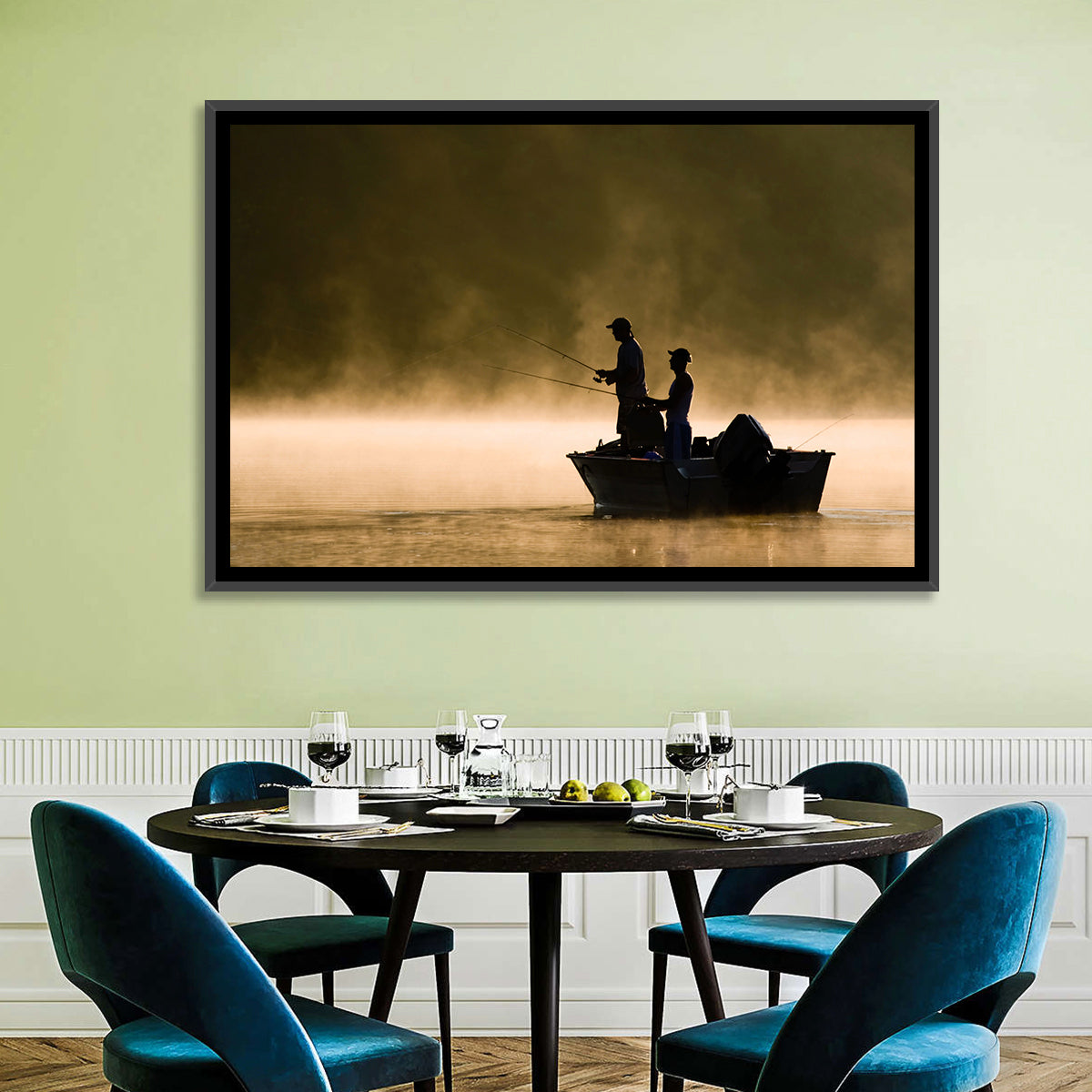 Misty Lake Fishing Wall Art in a room, landscape