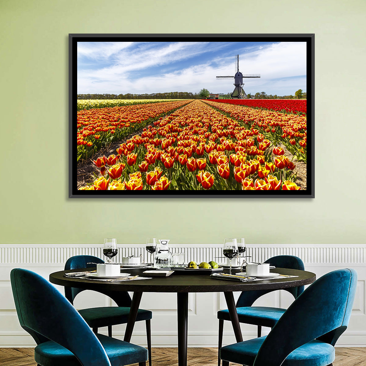 Windmill Over Tulip Fields Wall Art in a room, landscape
