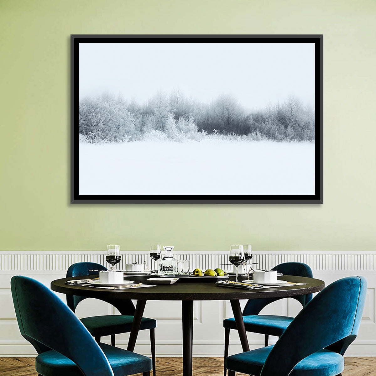 Frosted Winter Forest Wall Art in a room, landscape