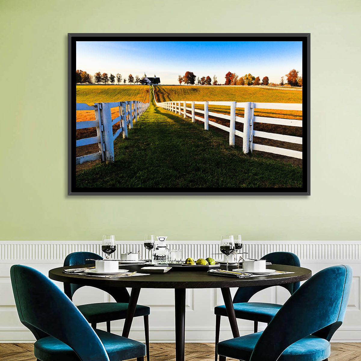 Kentucky Horse Farm at Golden Hour Wall Art in a room, landscape