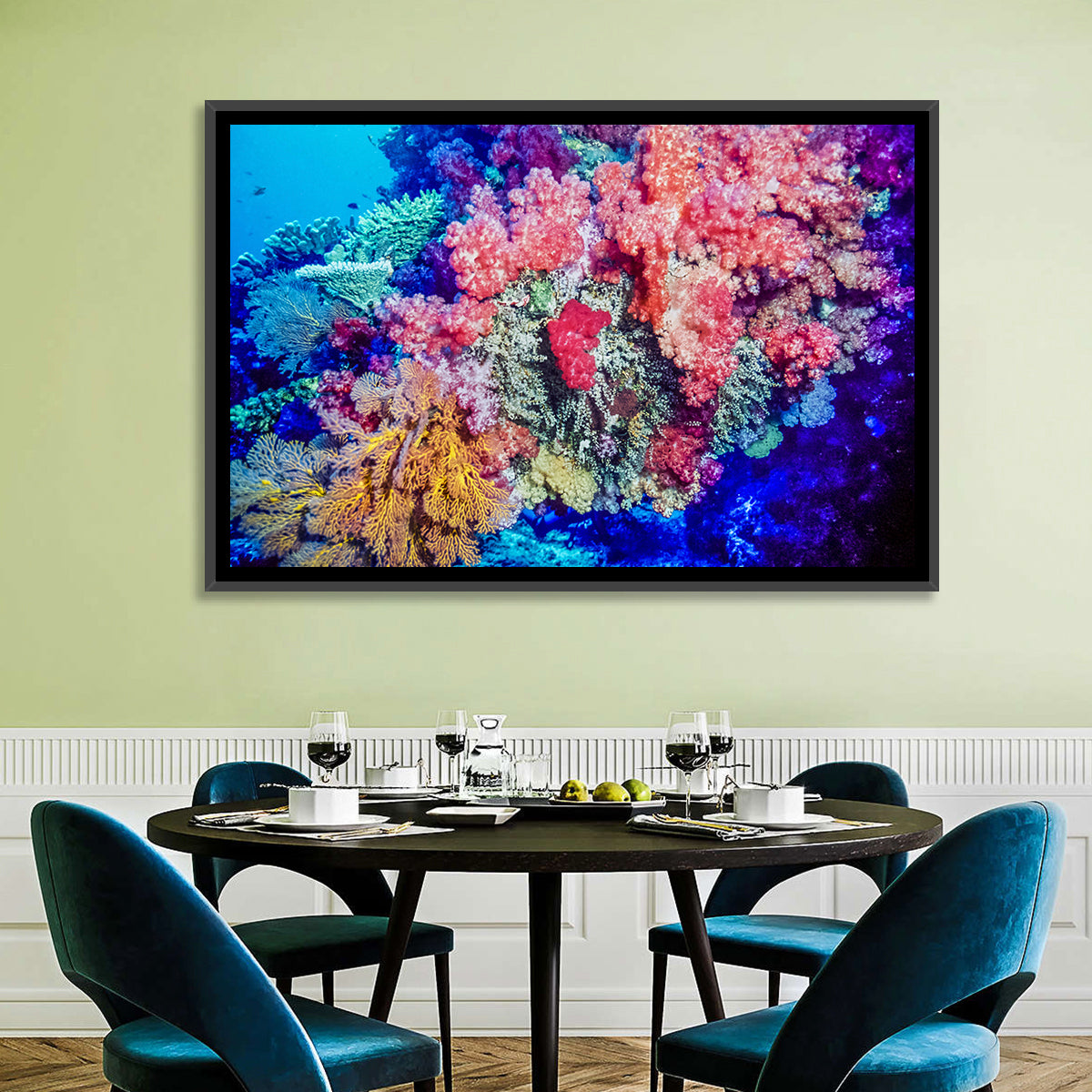 Vibrant Coral Reef Wall Art in a room, landscape