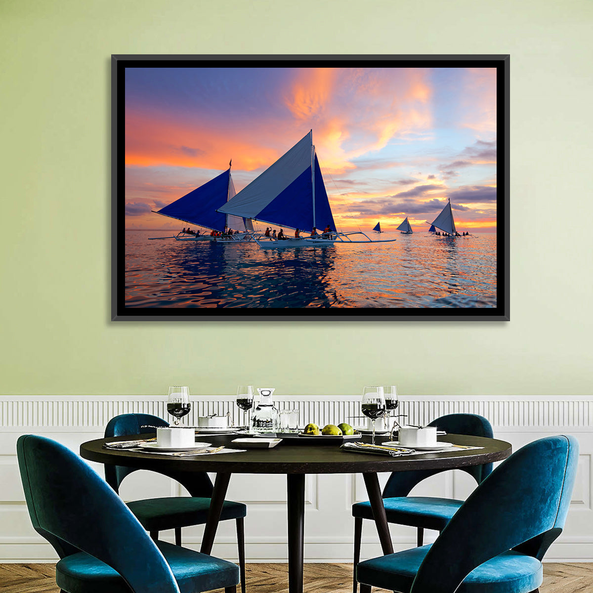 Outrigger Sailboats at Sunset Wall Art in a room, landscape