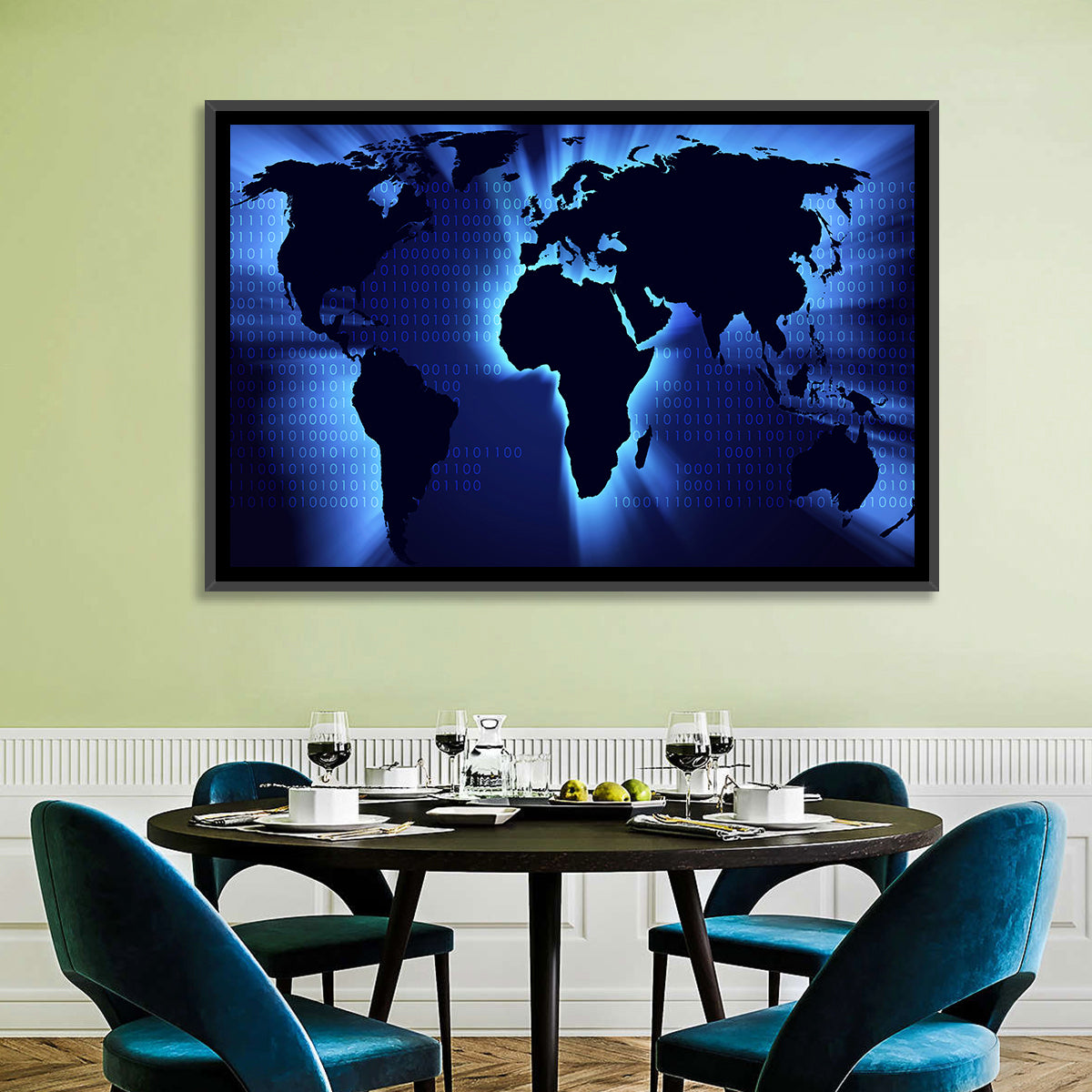 Glowing Digital World Map Wall Art in a room, landscape