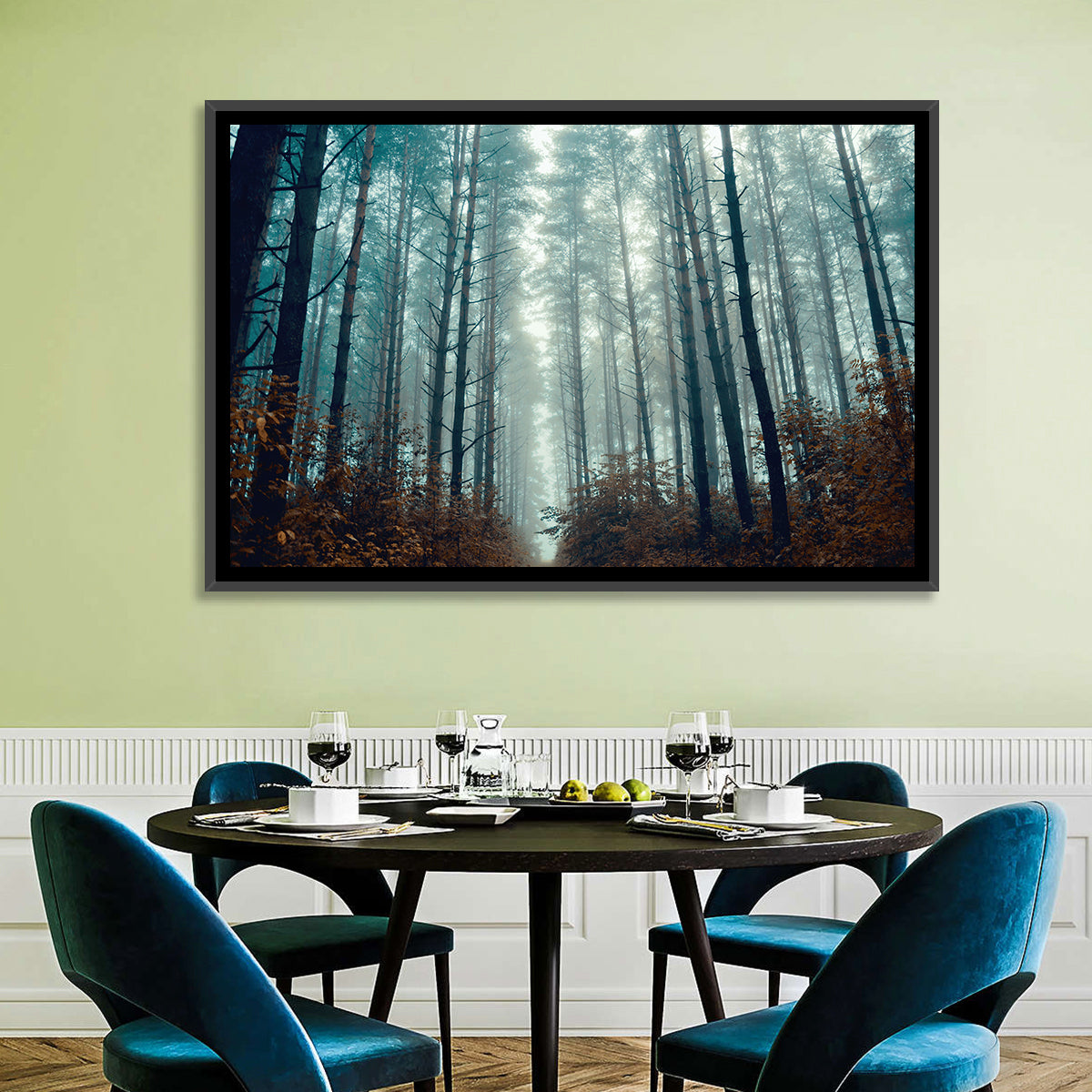 Misty Pine Forest Wall Art in a room, landscape