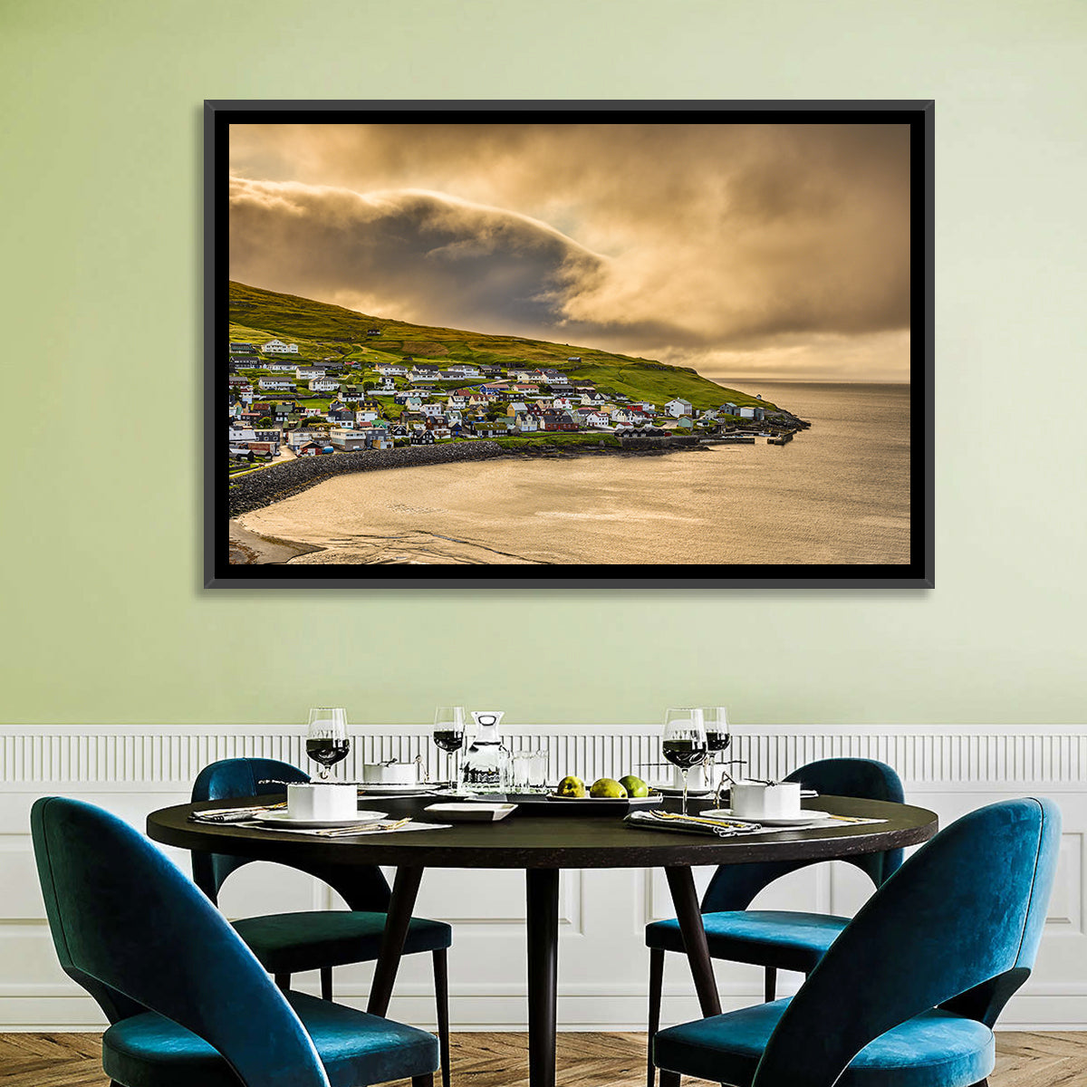Coastal Village at Golden Hour Wall Art in a room, landscape