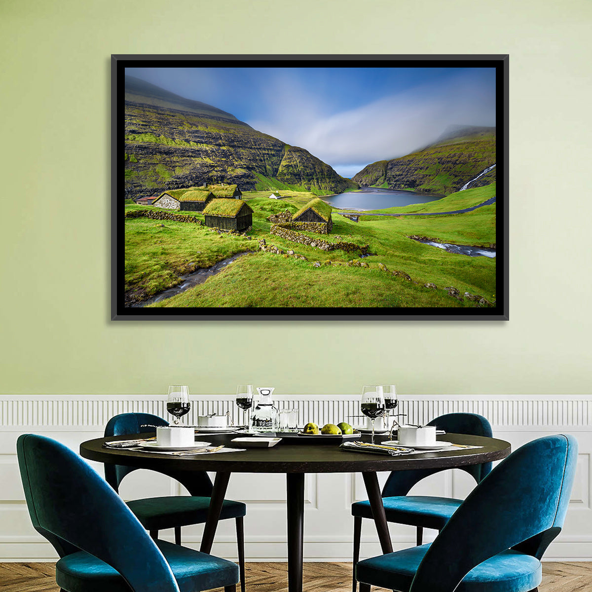 Saksun Turf Roof Cabins Wall Art in a room, landscape