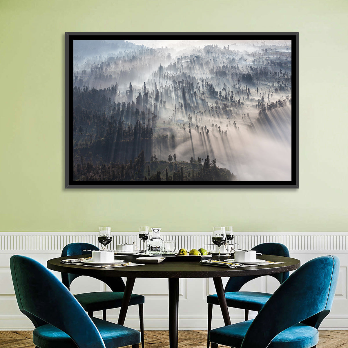 Misty Forest Sunrise Wall Art in a room, landscape