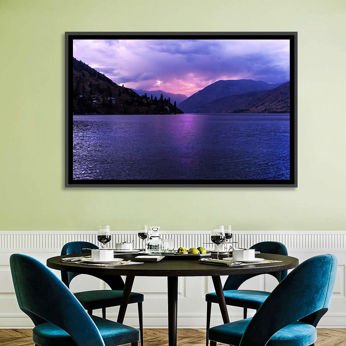 Lake Chelan Violet Sunset Wall Art in a room, landscape
