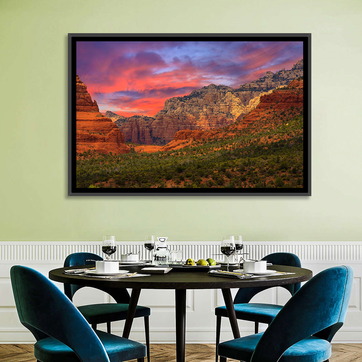 Sedona Red Rocks Sunrise Wall Art in a room, landscape
