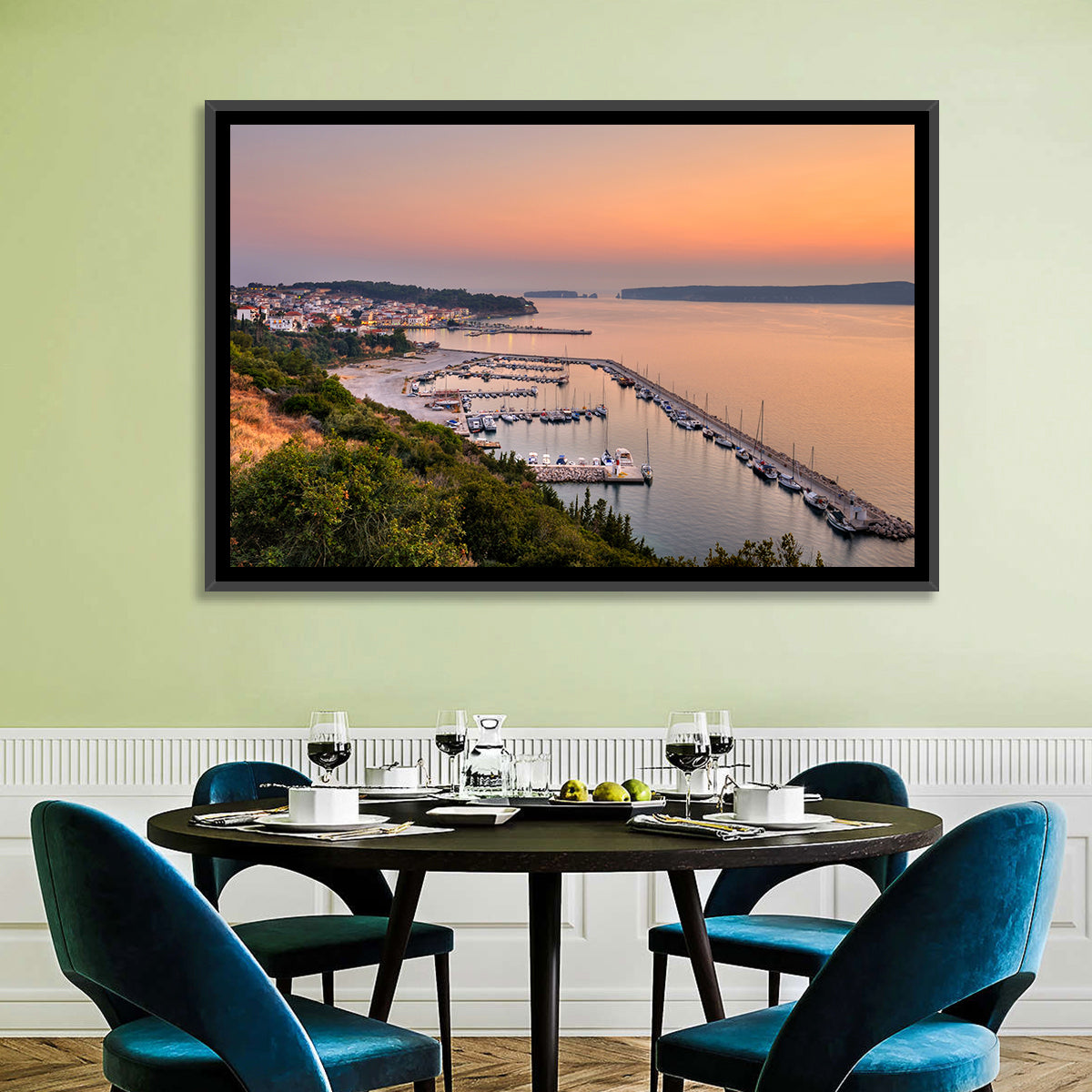 Pylos Harbor Lighthouse Sunset Wall Art