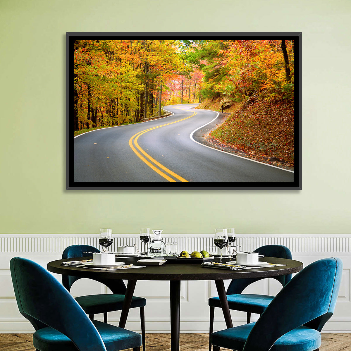 Winding Autumn Road Wall Art in a room, landscape