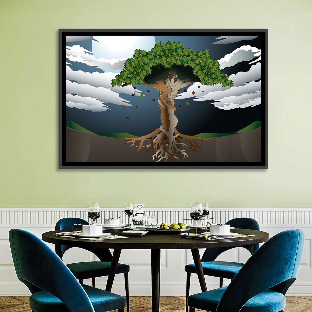 Moonlit Lovers Tree Wall Art in a room, landscape