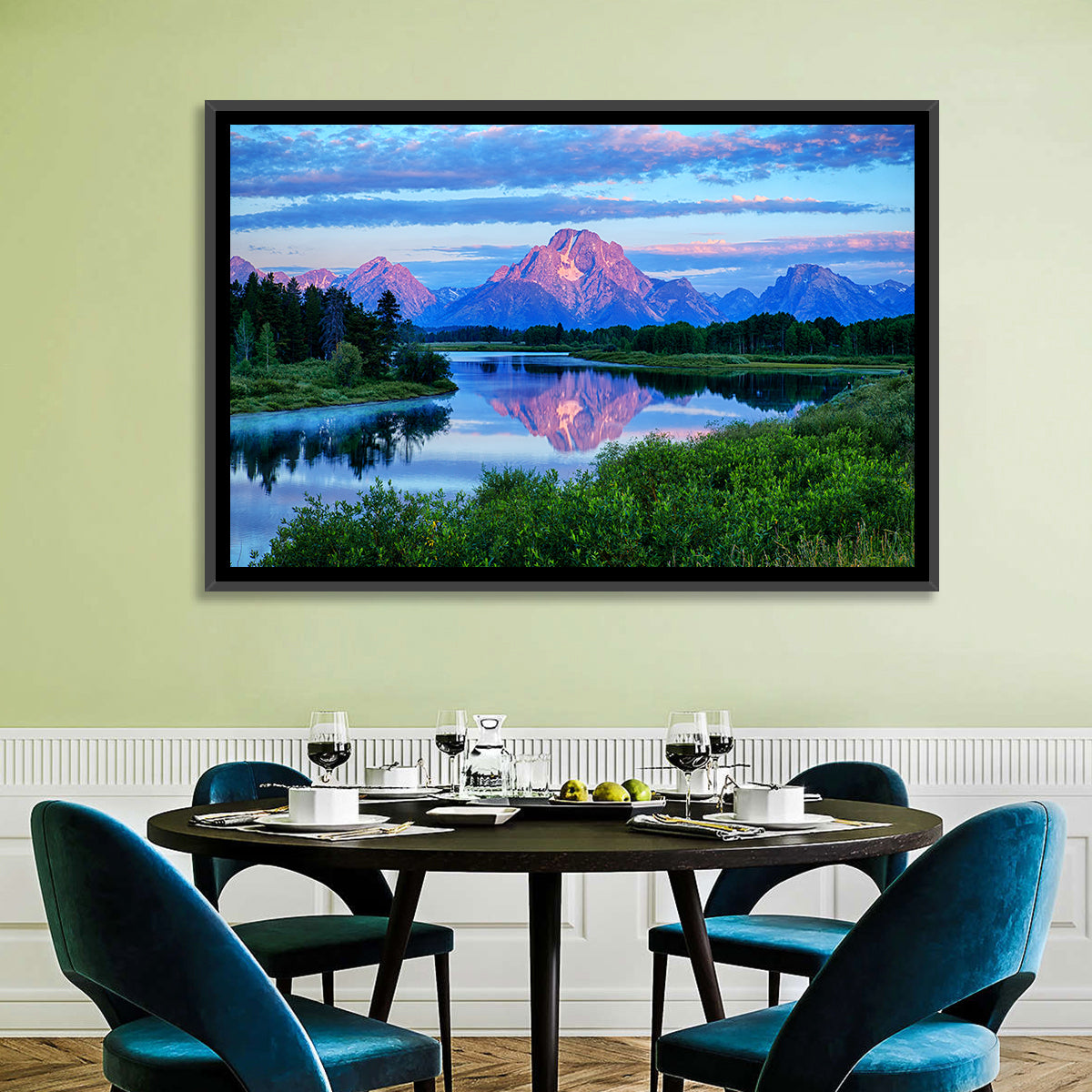 Oxbow Bend Dawn Reflection Wall Art in a room, landscape