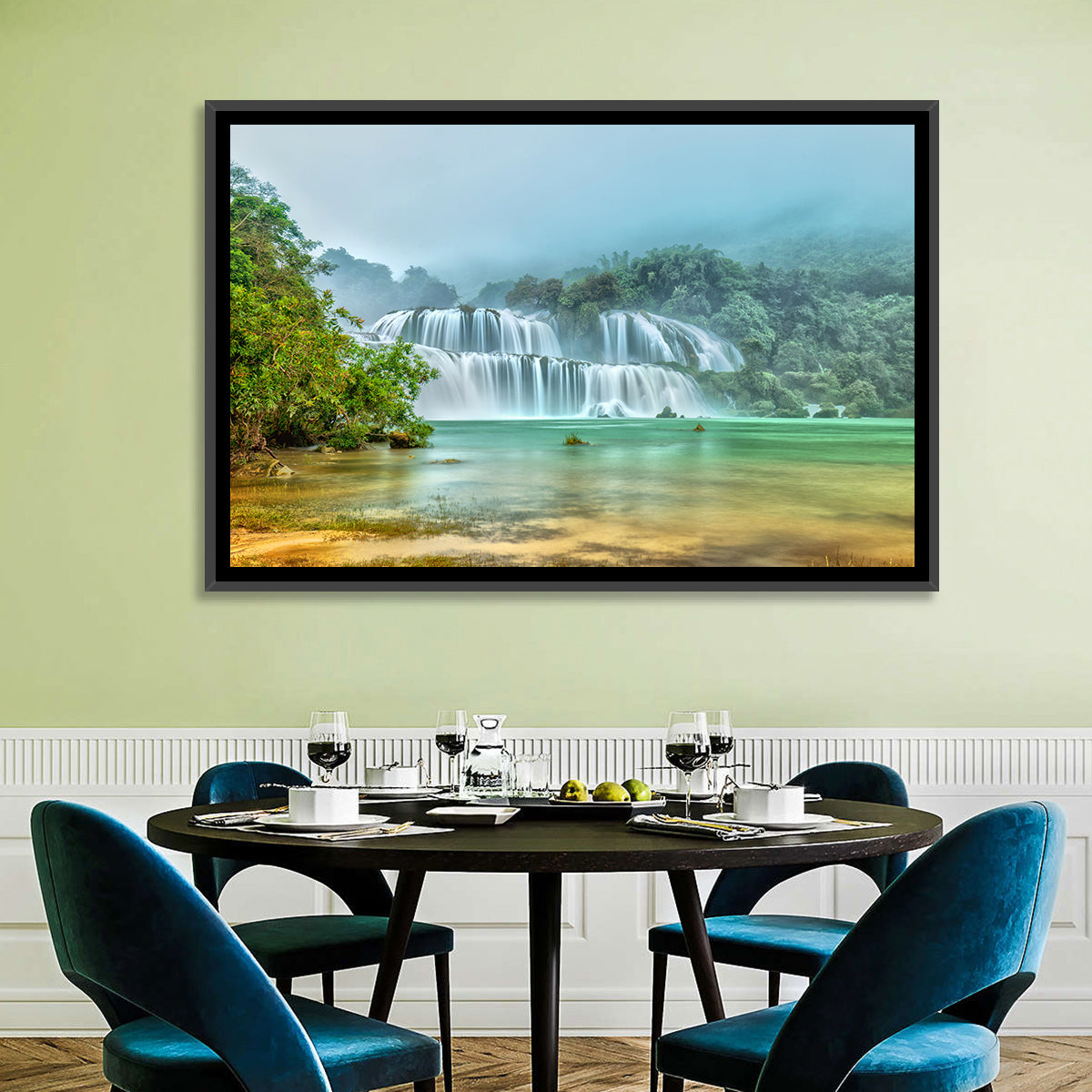 Ban Gioc Waterfalls Misty Morning Wall Art in a room, landscape