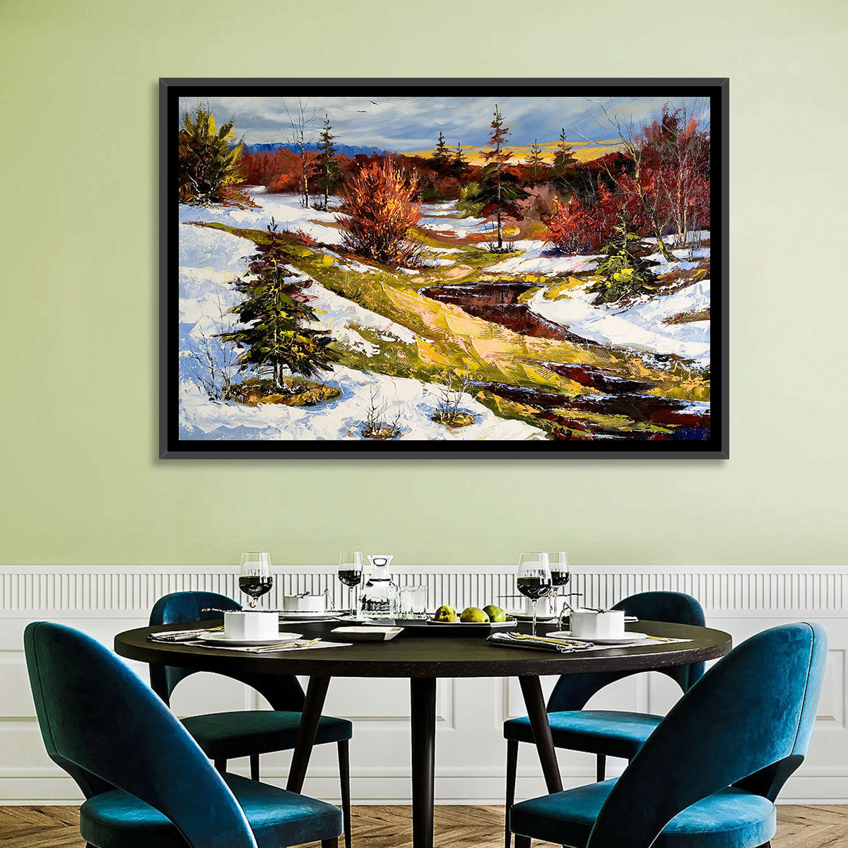 Snowy Stream Through Evergreens Wall Art in a room, landscape
