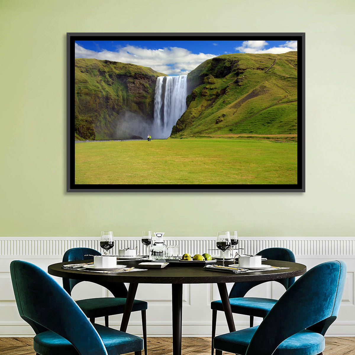 Skógafoss Waterfall Wall Art in a room, landscape