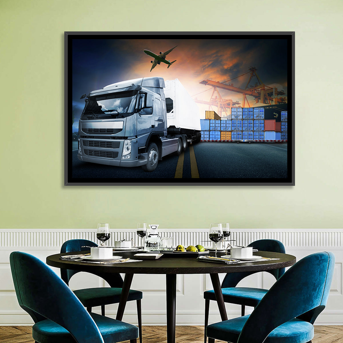 Sunset Freight Terminal Truck Scene Wall Art in a room, landscape