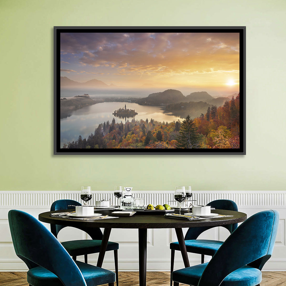 Autumn Morning at Lake Bled Wall Art in a room, landscape