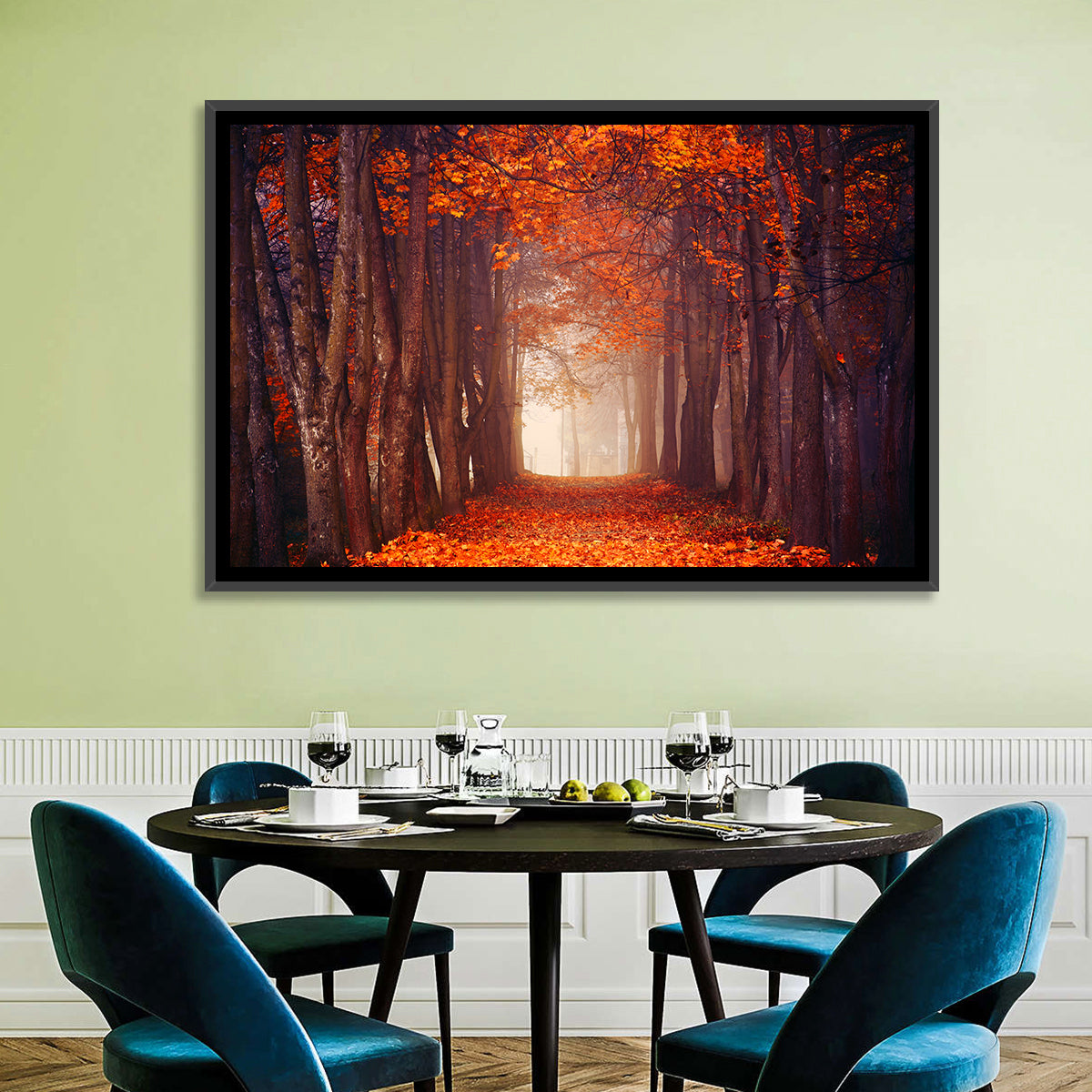 Misty Autumn Forest Path Wall Art in a room, landscape