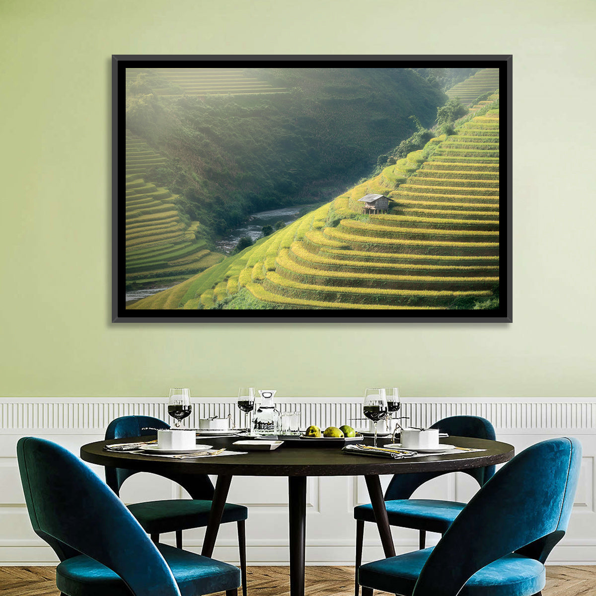 Golden Rice Terraces Wall Art in a room, landscape