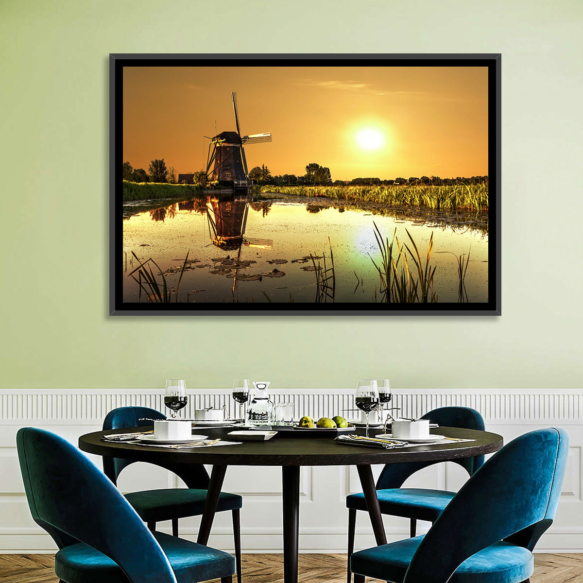 Dutch Windmill at Golden Hour Wall Art in a room, landscape