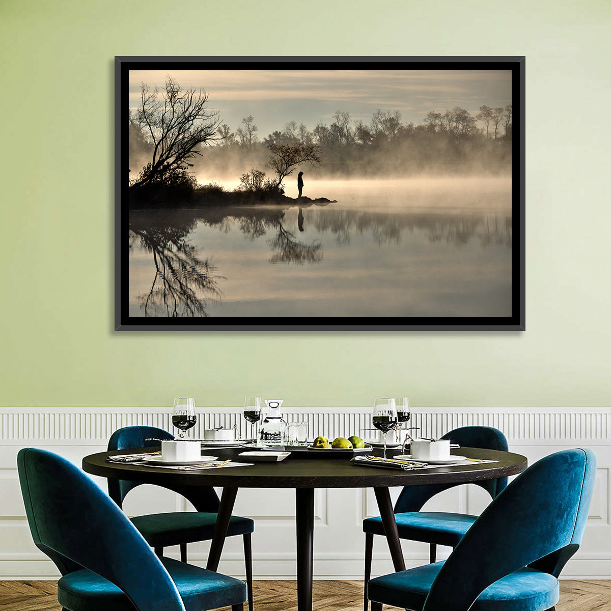 Centennial Lake Mist Wall Art in a room, landscape