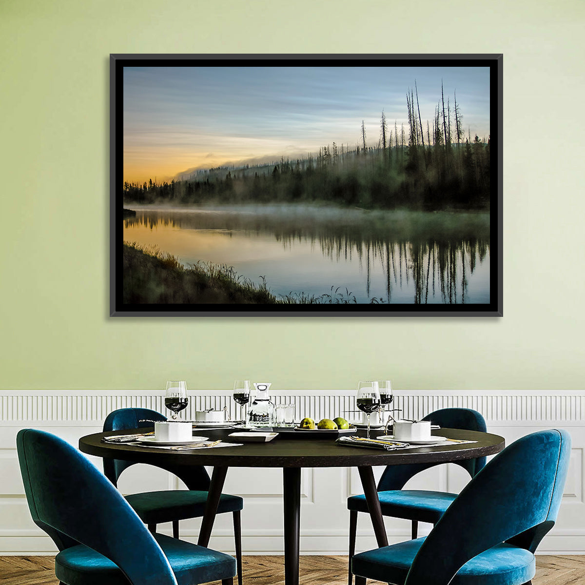Yellowstone River Morning Mist Wall Art in a room, landscape