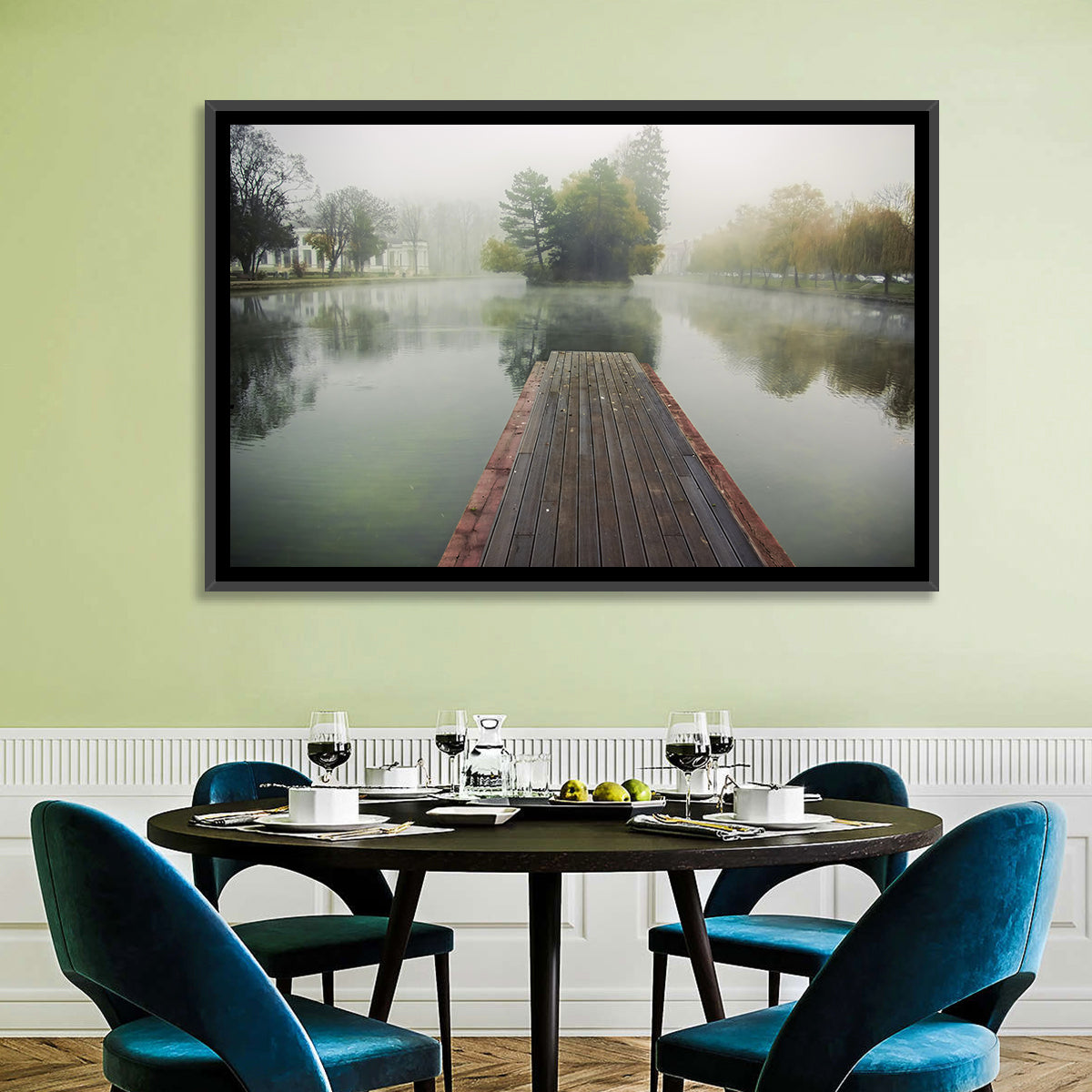 Wooden Pier on Foggy Lake Wall Art in a room, landscape