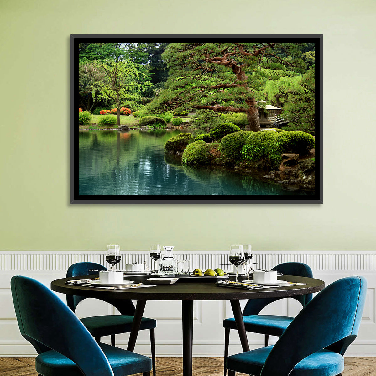 Bonsai Pine Over Tranquil Pond Wall Art in a room, landscape