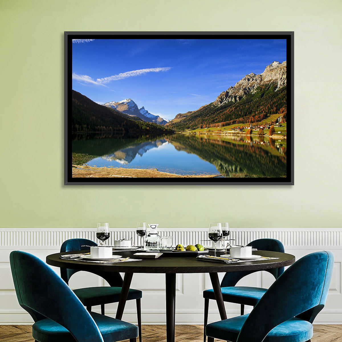 Lake Sils Morning Reflection Wall Art in a room, landscape
