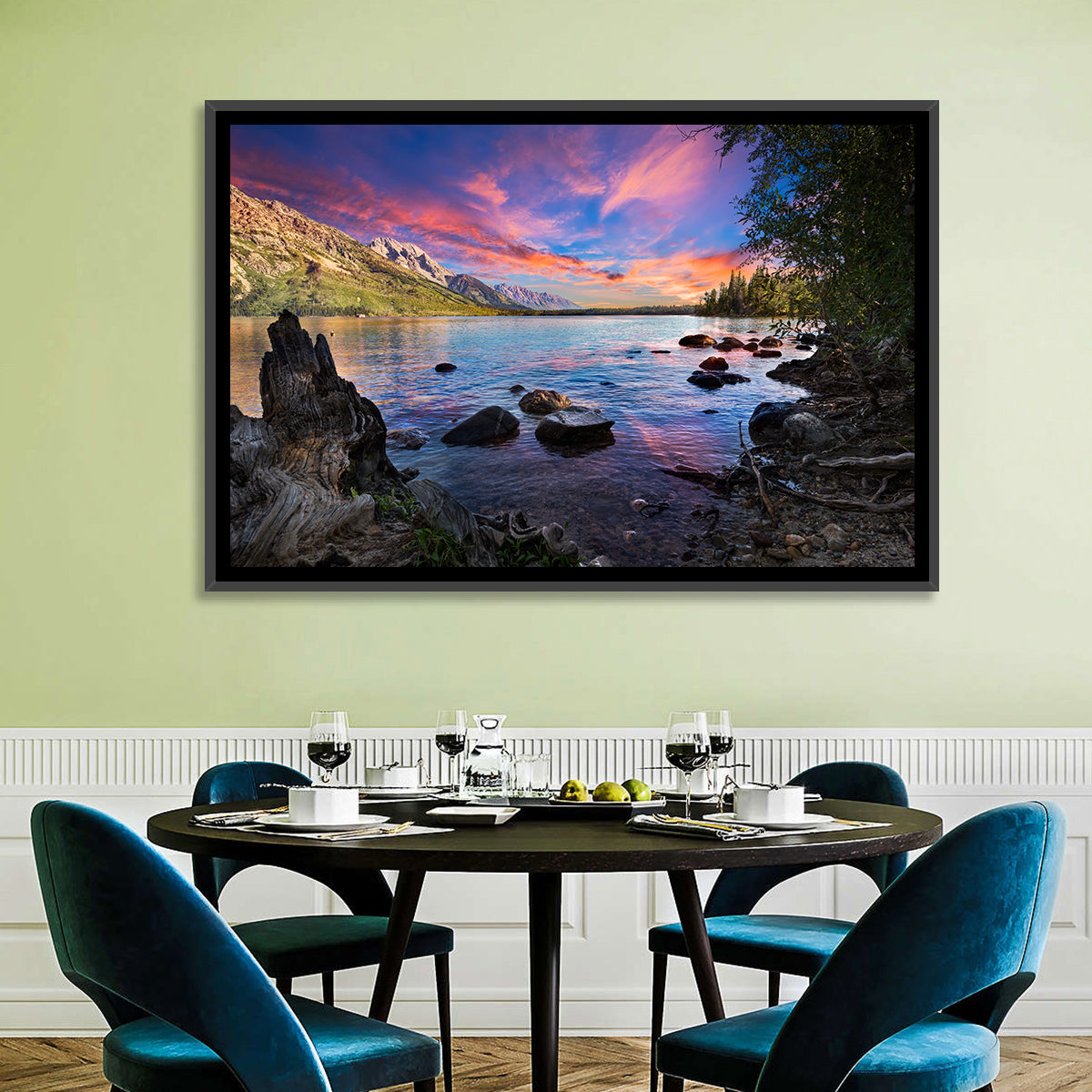 Jenny Lake Sunset Wall Art in a room, landscape
