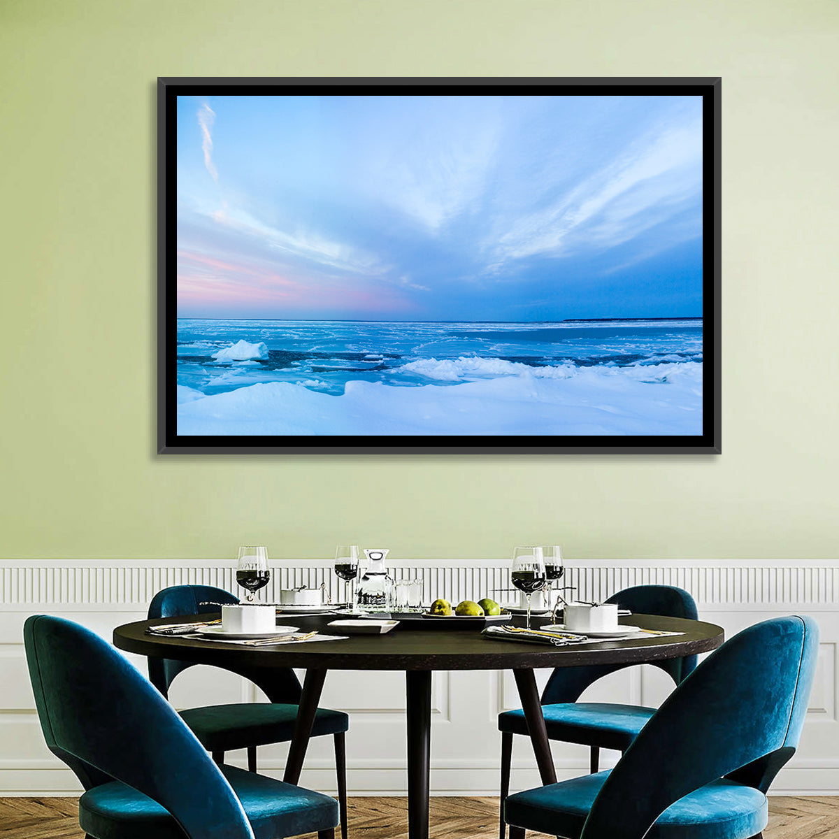 Frozen Blue Seascape Wall Art in a room, landscape